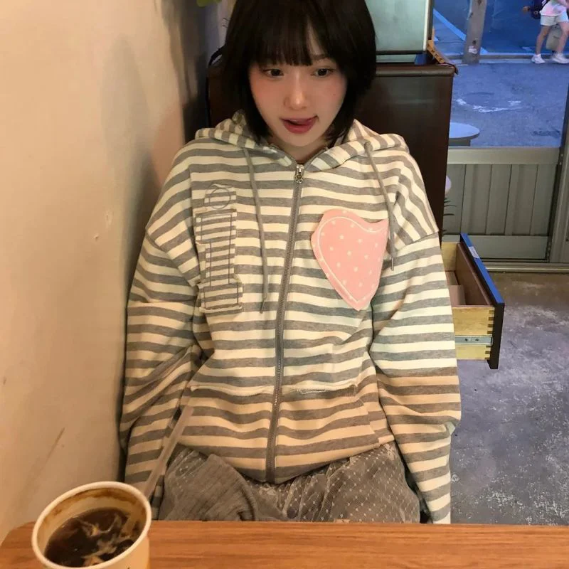 

Корейская полосатая толстовка на молнии с длинными рукавами, женская милая свободная лоскутная кардиган, повседневные ретро-свитшоты Y2k, топ
