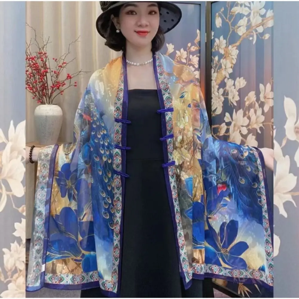 

Retro Style Buckle Printed Shawl Sunscreen High-End Feeling Travel Photography Scarf Flower Fashionable Lady Silk Scarf Summer