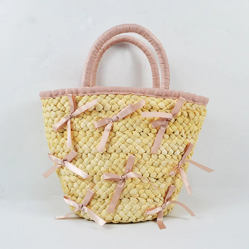 

Women's Summer New Bowknot Straw Bag Ins Small Fresh Beach Holiday Handbag Drawstring Tote Bag Sweet Bohemian Beach Straw Bags