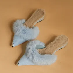 Fluffy Women Slippers Pointed Toe Mules Shoes Sexy Chunky Suede Warm Shoes Winter Fashion New Slingback Female Zapatillas