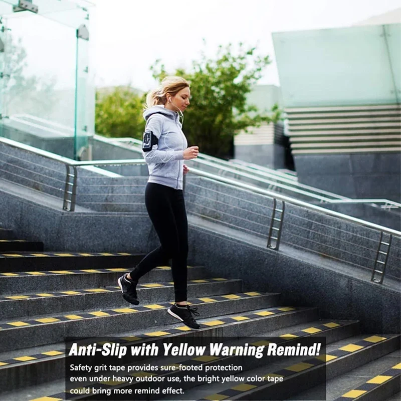 Cinta de advertencia abrasiva para escaleras, cinta de seguridad para caminar al aire libre, paso de banda de rodadura, cinta de advertencia de precaución para interiores, color amarillo y negro, 5M