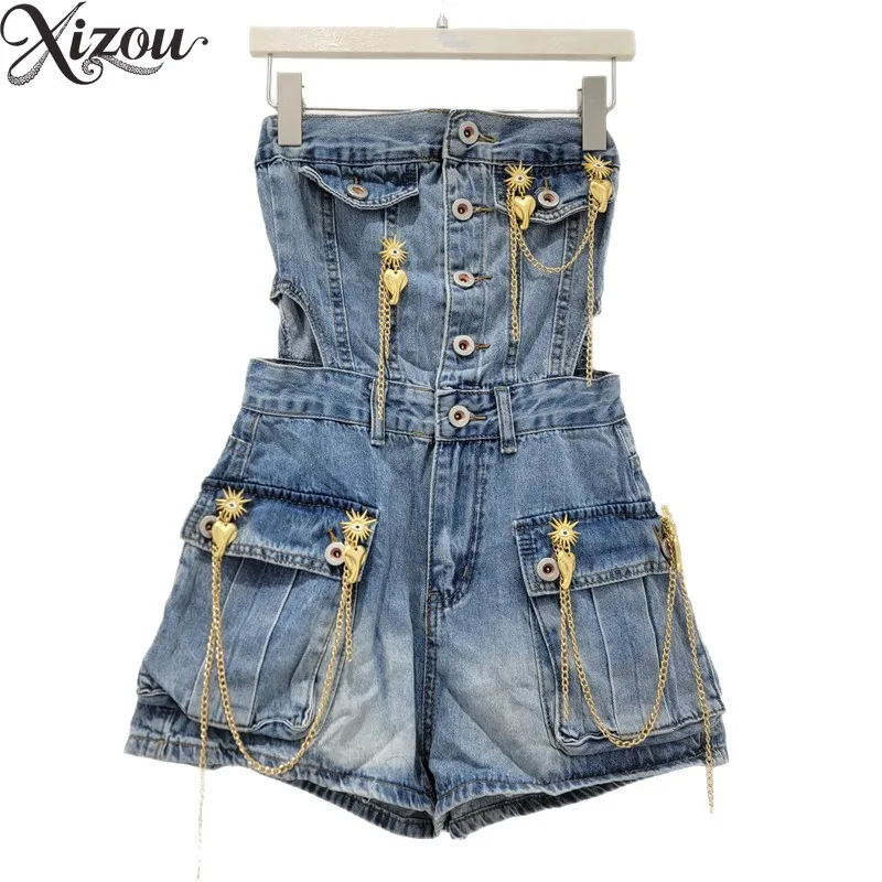 

2026 Summer Women American Metal Blue Denim Jumpsuit Y2K Hot Girl Slim Short Sleeveless Side Hollow-out Pocket Chain Bodysuit