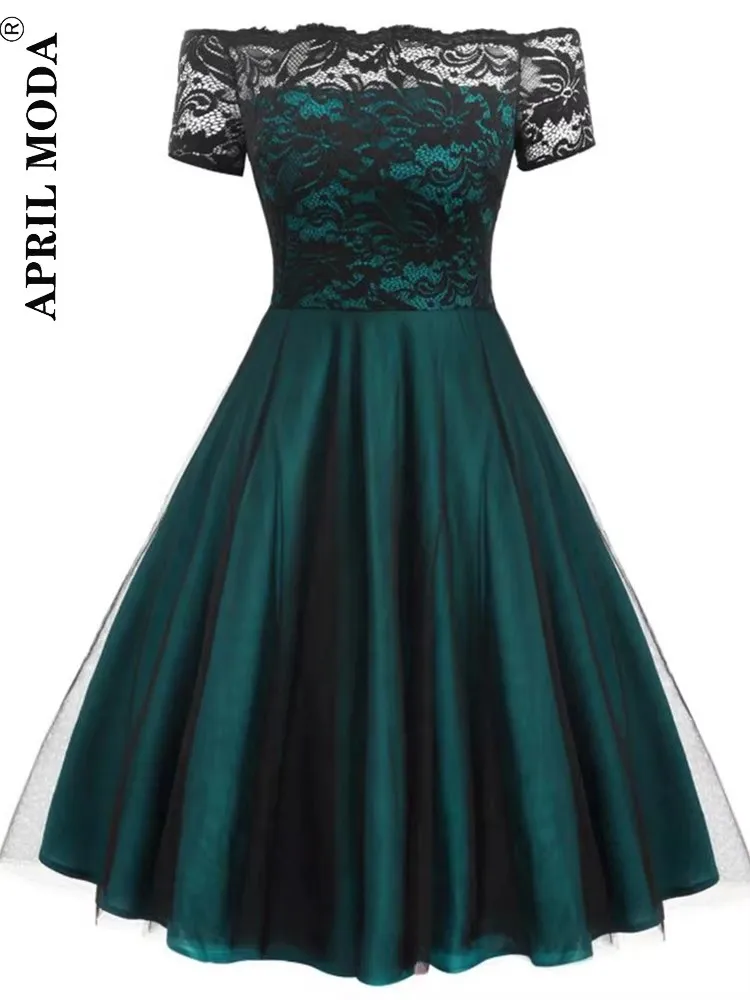 Women Vintage Lace Dress Formal Red Black Green Slash Neck Tulle Midi Jurken Chic Retro Gothic 50s Swing Dresses Party Clothing image 4