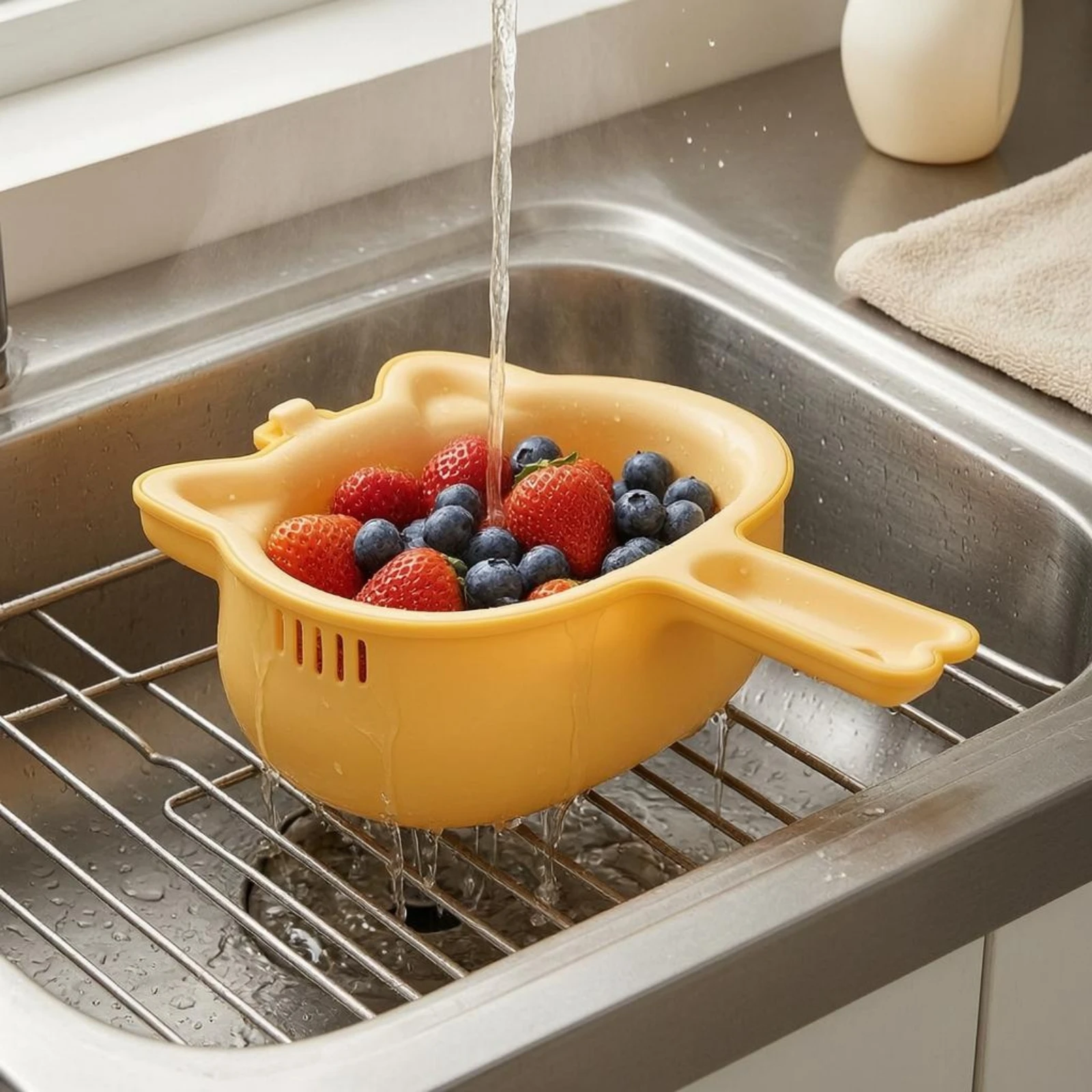 Double-Layer Draining Basket Integrated Handle Cat Draining Basket Double Layer Colander Bowl-Shaped PP Material