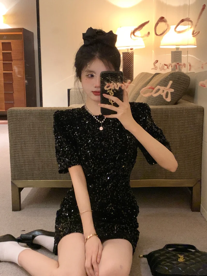 Velvet  Dress Shiny Sequin Women\'s Fashion High Waist A-Line Skirt Short Dress Spring Summer New Arrival Luxury Sensation