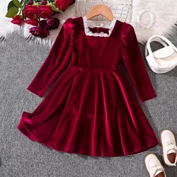 Kids Girls Red Velvet Dress Children Long Sleeve Vintage Lace Dress Princess Birthday Christmas New Year Baby Clothes 3-8 Years