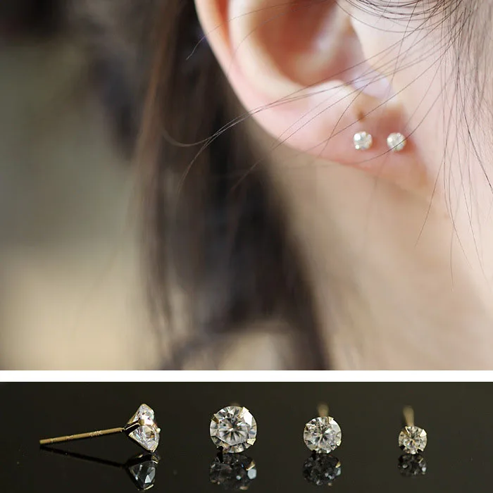 

S925 sterling silver plated 14K gold stud earrings solitaire zircon mini fashion small round four-prong stud earrings
