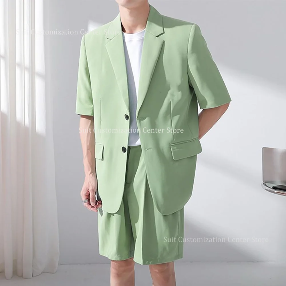 

Chic Short Sleeves Suits For Men 2 Piece Fashion Single Breasted Notch Lapel Daily Party Office Work Casual Outfits Jacket Pants