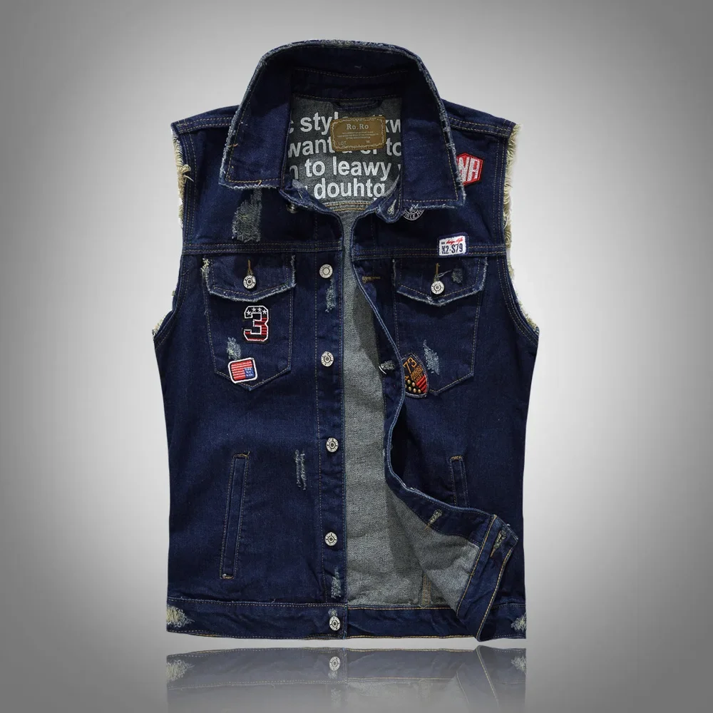 Men Patched Denim Waistcoats Vests Jackets New Fashion Male Fit  Coats  High Street Wear Holes Jeans  Size S-5XL