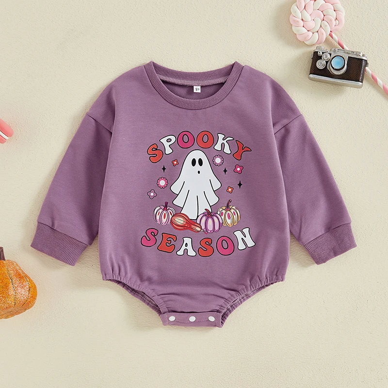 Newborn Infant Baby Girl Boy Halloween Romper Letters Ghost Print Crew Neck Long Sleeve Sweatshirt Jumpsuit for Fall Winter
