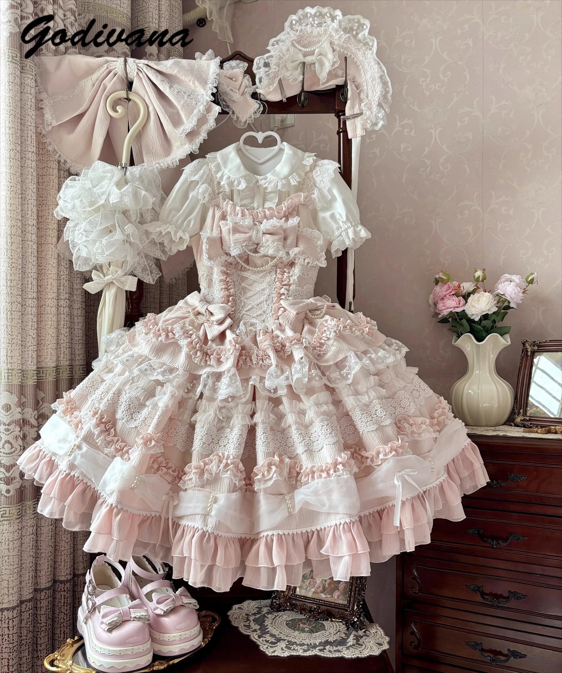 

New Spring Original Lolita Girls Women's Jsk Dress Sweet Cute Lace Bow Ji Sleeve Shirt Princess Suspender Dress Suits