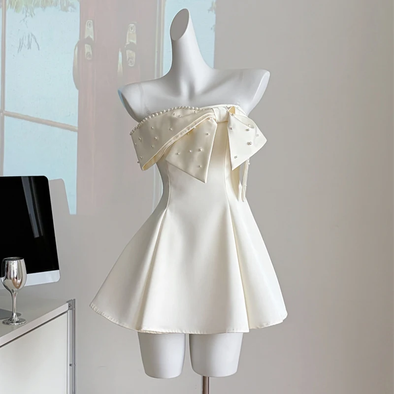 

Модное французское платье на одно плечо с бантом, элегантное платье с жемчугом и прозрачными бретелями, женское платье А-силуэта на молнии, вечернее платье для вечеринок