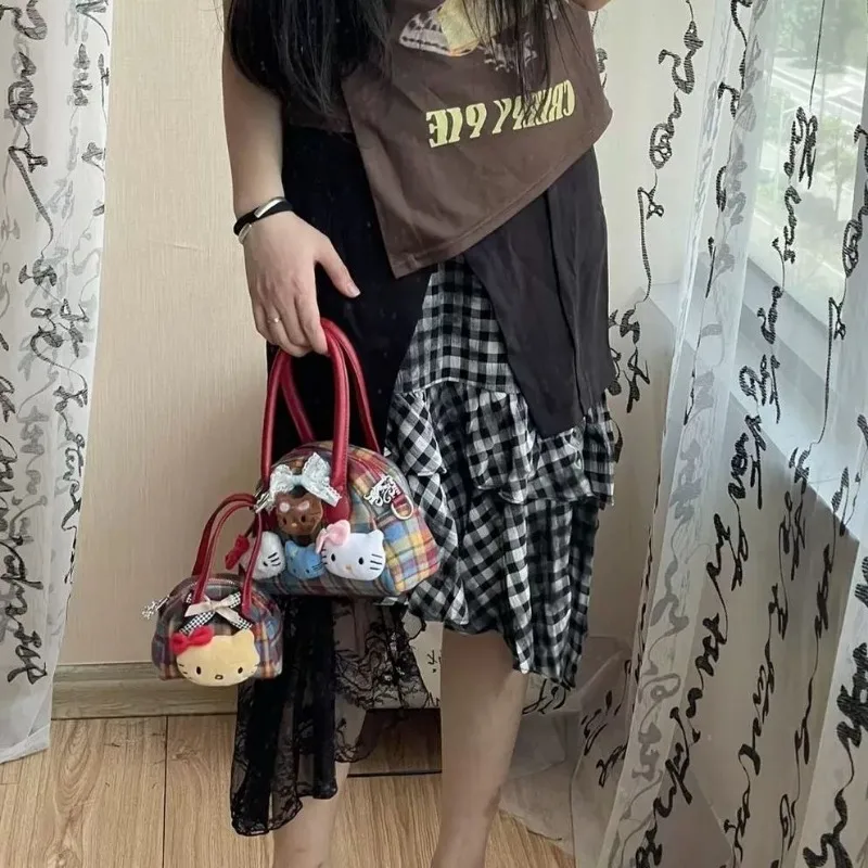 Xiuya Plaid Vintage Handbags for Women Cute Hello Kitty Y2k Sweet Bow Shoulder Bag Casual Harajuku Fashion Female Crossbody Bag