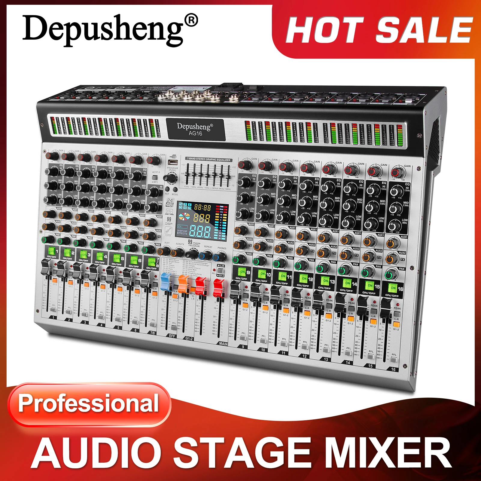 

DJ-микшер Depusheng AG16, профессиональный аудиомикшер с 99 цифровыми эффектами DSP, 16-канальная консоль для аудиомикширования.