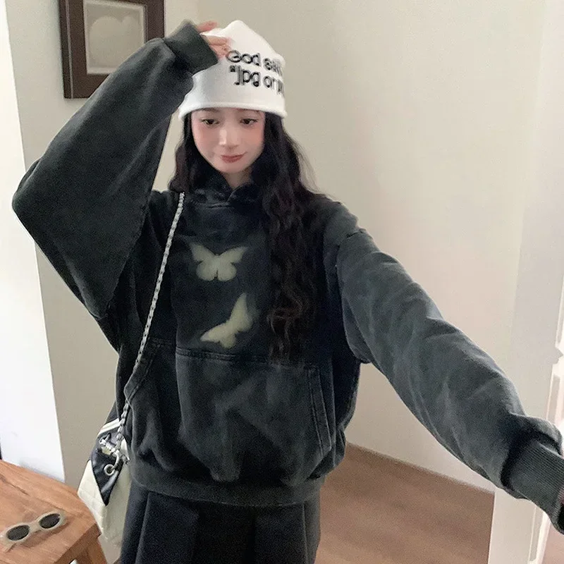 Korean Style Butterflies Print Black Hoodie Women Streetwear Fashion Harajuku Oversized Pullover Sweatshirts Y2k Clothes Hoodies