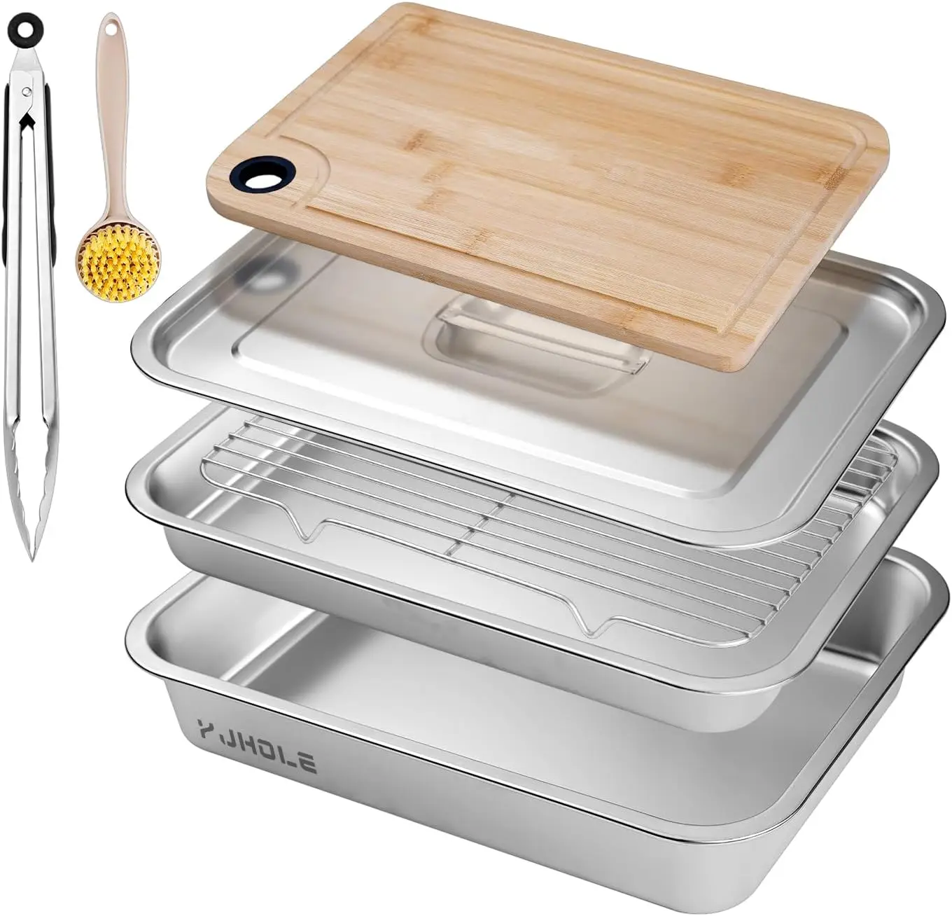 

Large Stainless Steel Food Prep Trays with Lid, Cutting Board, Cooling Rack, Tongs & Brush for BBQ Grilling Accessories Gift
