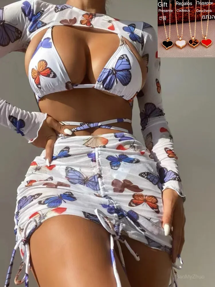 2024 Four-Pieces Printed With Skirt Bikini Women New Sexy Swimwear Female Swimsuit Bather Bathing Suit Swim Lady Give A Gift