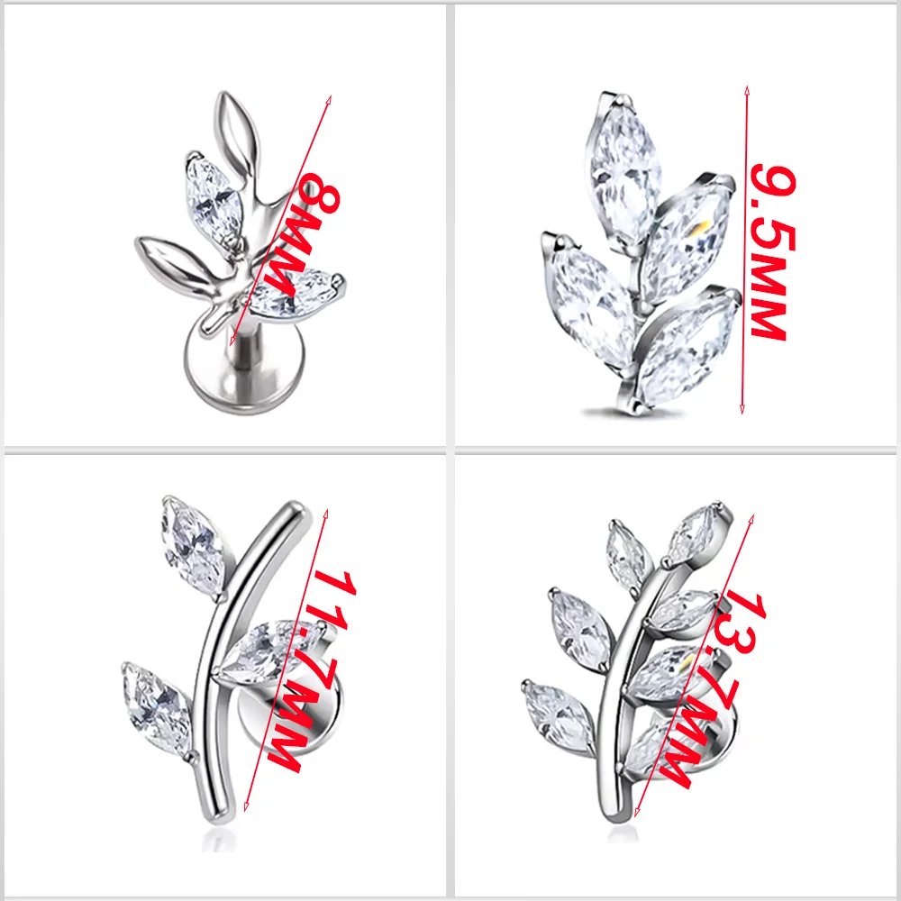 PUTITUP Official F136 Titanium Alloy Zirconia Horse Eye Leaf Stud Earrings Fashion Ear Cartilage Lip Studs Body Piercing Jewelry