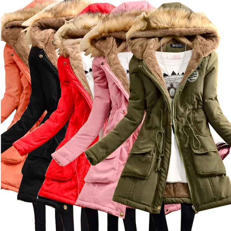 Winter Thickened Long Cotton Jacket Women's Large Fur Collar Coat with Fleece Lining Loose Fit Cotton Outerwear B- 4465