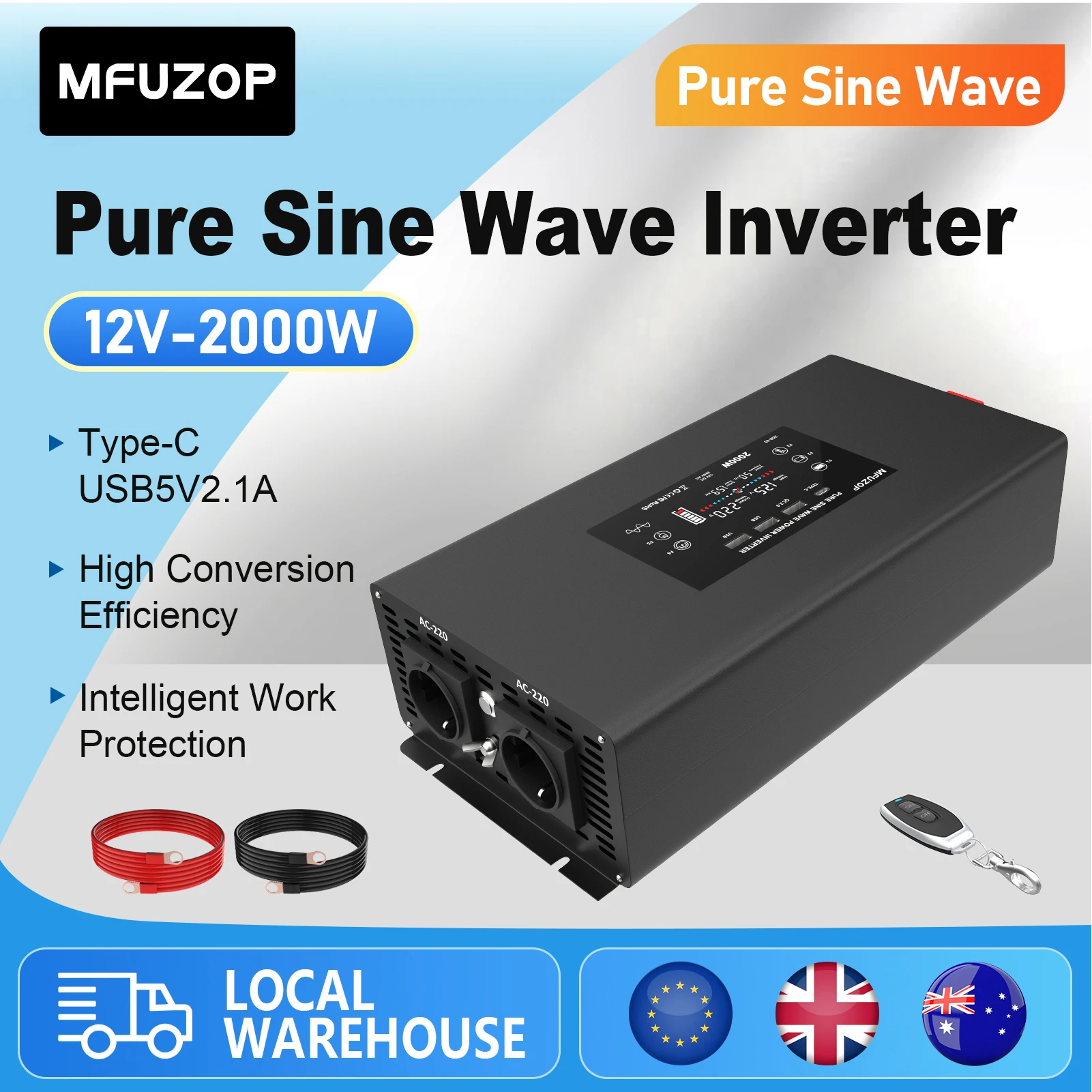 MFUZOP DN-03 Pure Sine Wave Power Inverter 2000W 12V 24V to 230V