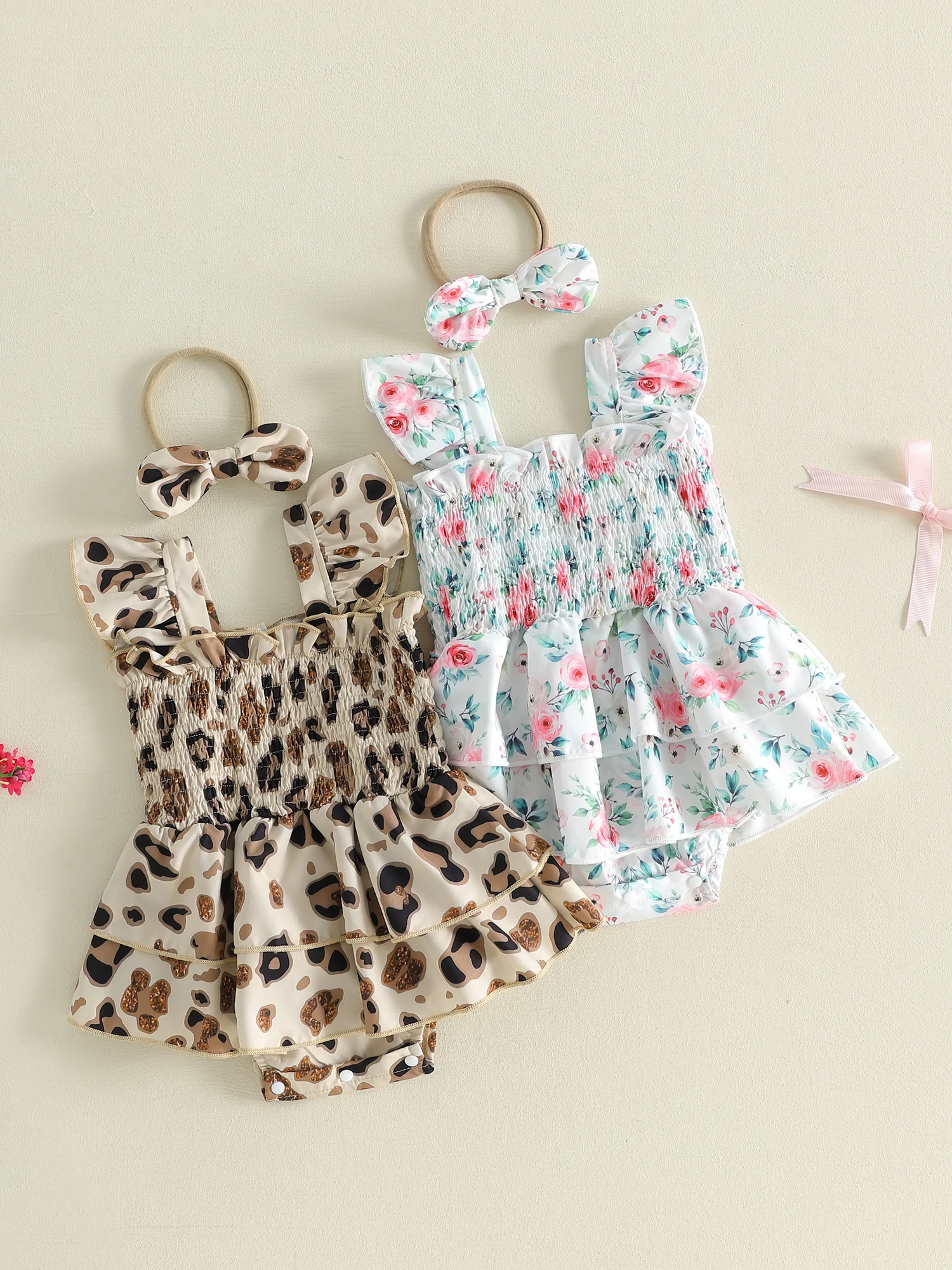 

Toddler Girl 2-Piece Outfit Set Pink Polka Dot Ruffle Sleeve Square Neck Jumpsuit with Matching Bow Headband