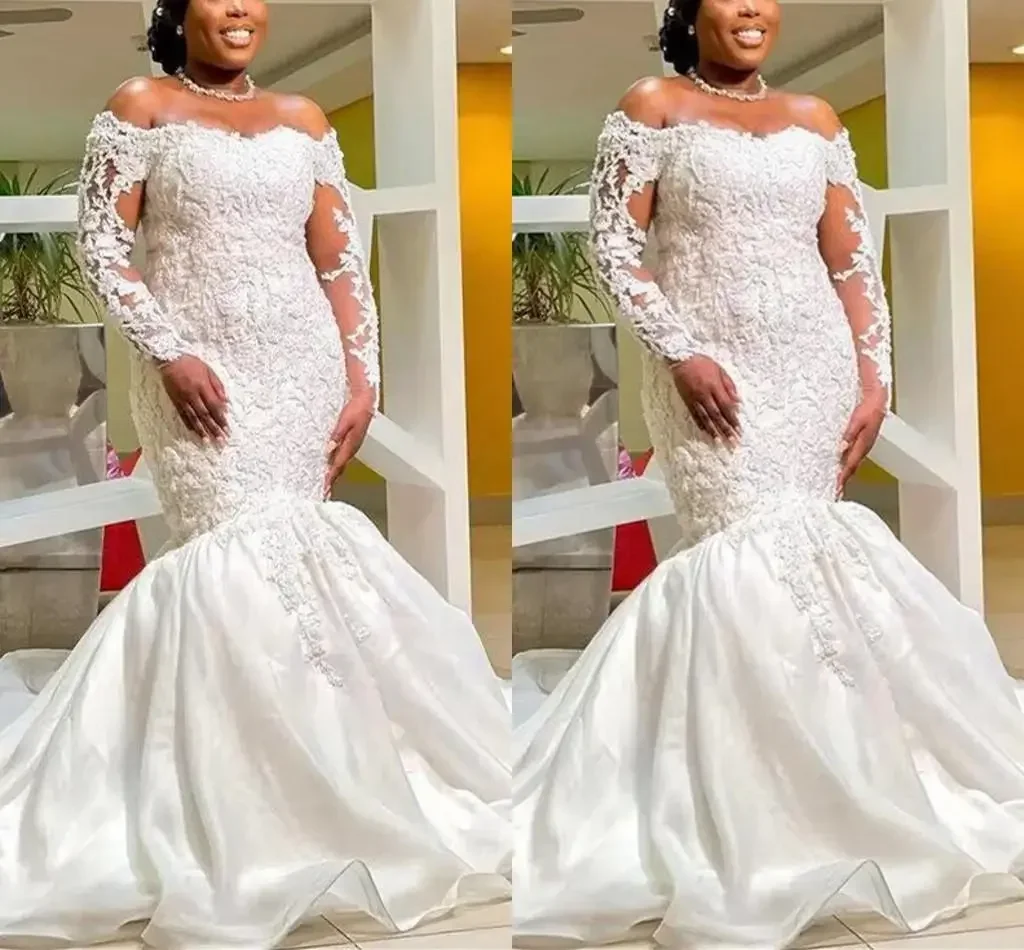 Suknie ślubne w stylu syreny plus size na zamówienie, z odkrytymi ramionami, zdobione koronką, aplikacjami i koralikami, arabskie, z długimi rękawami, suknia ślubna.