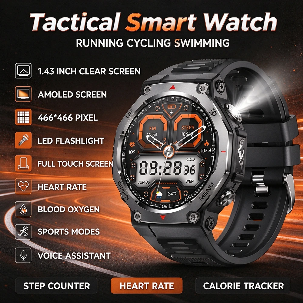 Rugged Tactical Smart Watch Men 1.43 Inch AMOLED 5ATM Waterproof 525mAh Battery Flashlight Outdoor Sports BT Call Smartwatch New
