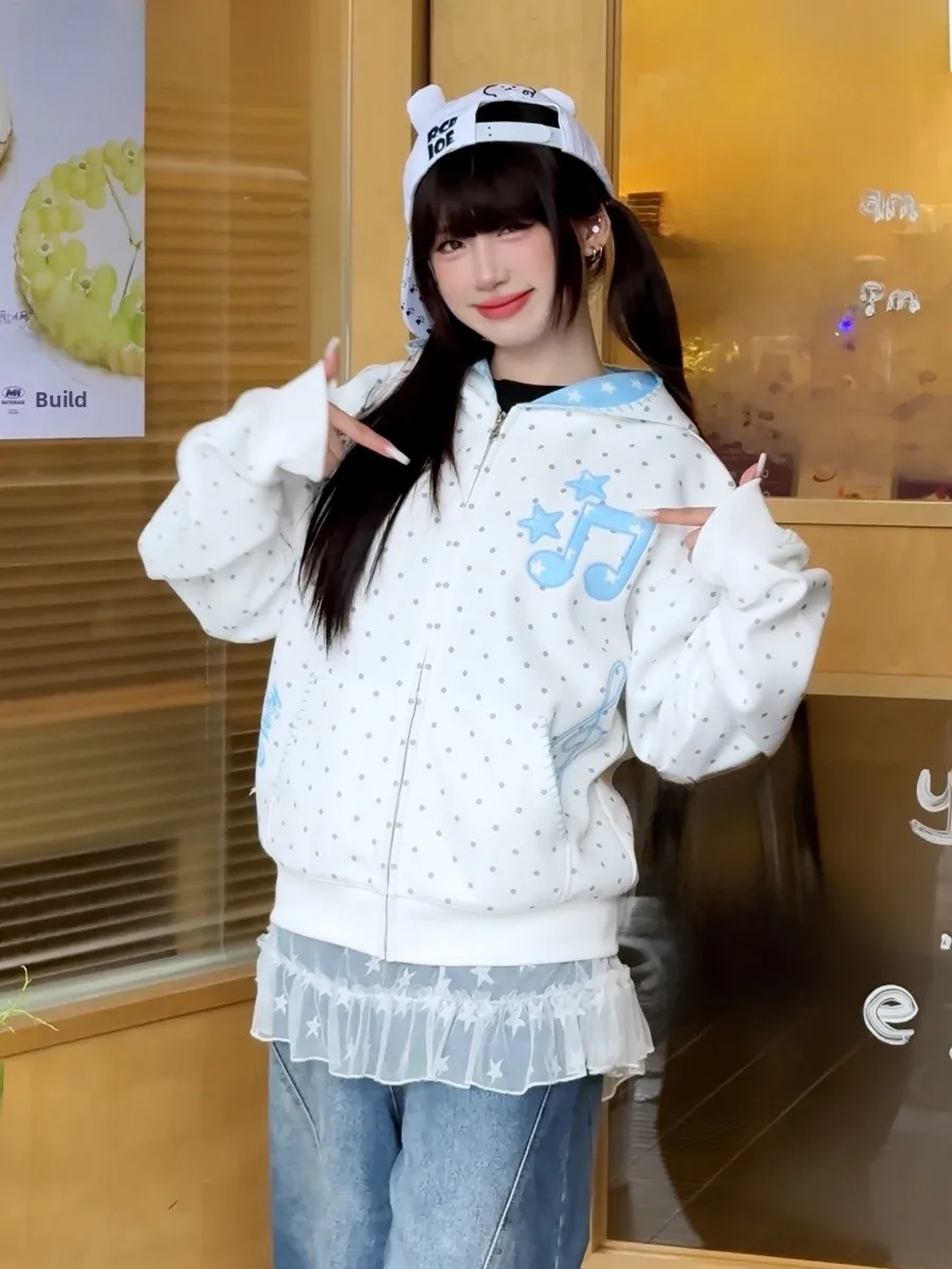 

NELY Толстовка с принтом в горошек, женский свободный кардиган, пальто, весна-осень, повседневная удобная хлопковая толстовка для подростков