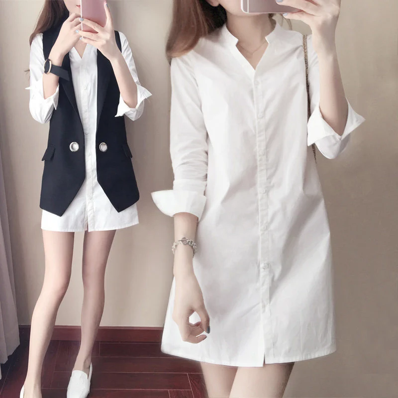 

3 4 Sleeves Dress Business Comfrotable Work Wear Fashion Girl S-2XL Shirt Solid Blouse Summer Buttons White Casual