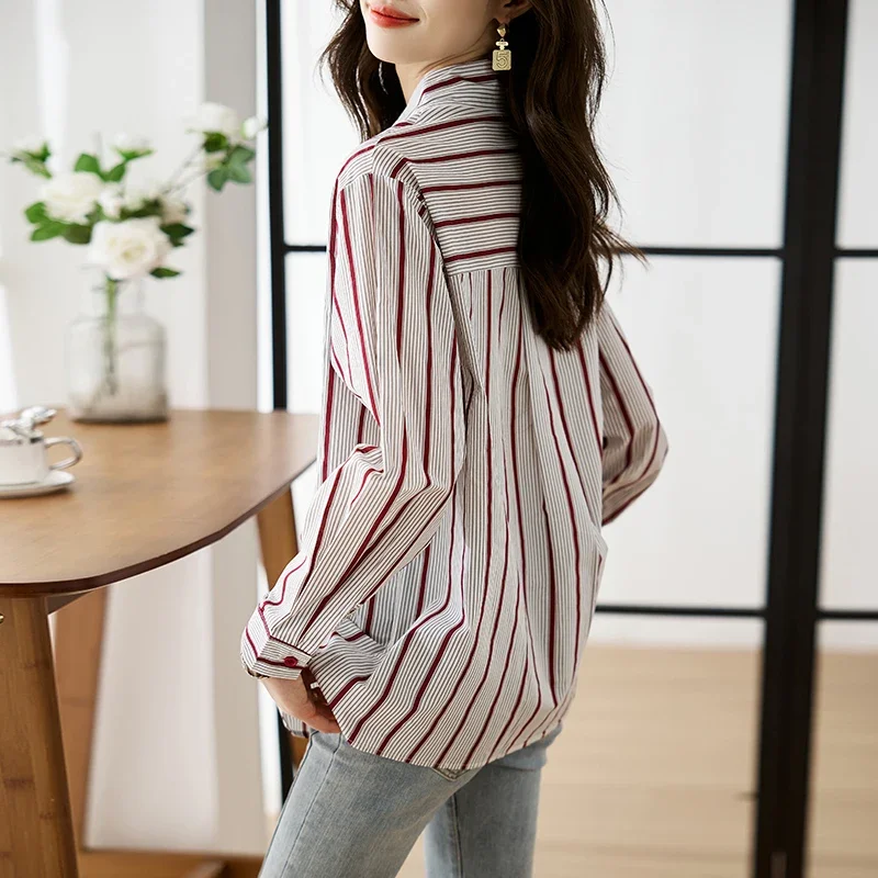 Shirts for Women New Slim Women\'s Clothing Fashion Polo-Neck Striped Womens Tops Long Sleeved Blouse Women OL Autumn Women Shirt