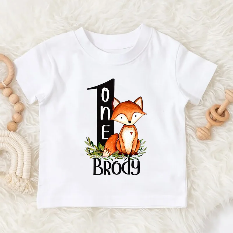 

Personalized custom name kid boy girl 1st first Wild one Shirt Woodland animal Fox themed happy Birthday party decoration gift