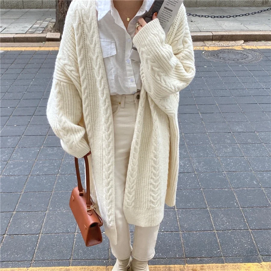 Oversized Long Knitted Cardigans Women Twist Winter  Thicken Harajuku Sweater Coat Lady Chic Vintage Office Woolen Cardigan