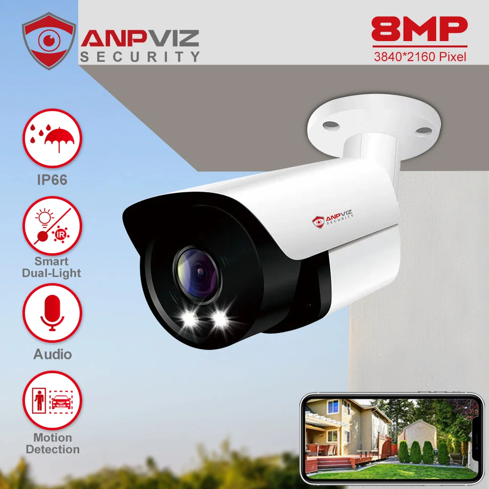 

Anpviz 8MP POE IP BulletCamera Outdoor 24/7 ColorVU 30m CCTV Video Surveillance IP67 SD Card H.265 Audio Motion Detection 2.0