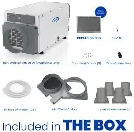 AprilAire E070 Pro Dehumidifier Bundle 70 Pint Whole House Dehumidifier Full Complete Kit for Crawl Spaces Basements Whole Homes Commercial up to 2800 sq ft 5 Year Warranty Included