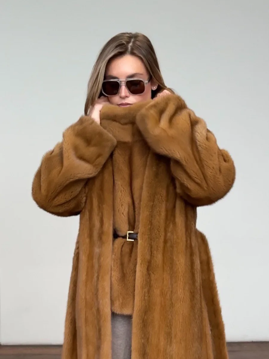 Winter Long Thick Warm Faux Mink Fur Jacket Coat Women With Belt High Quality Luxury Long Mink Fur Cardigan Jacket Ladies