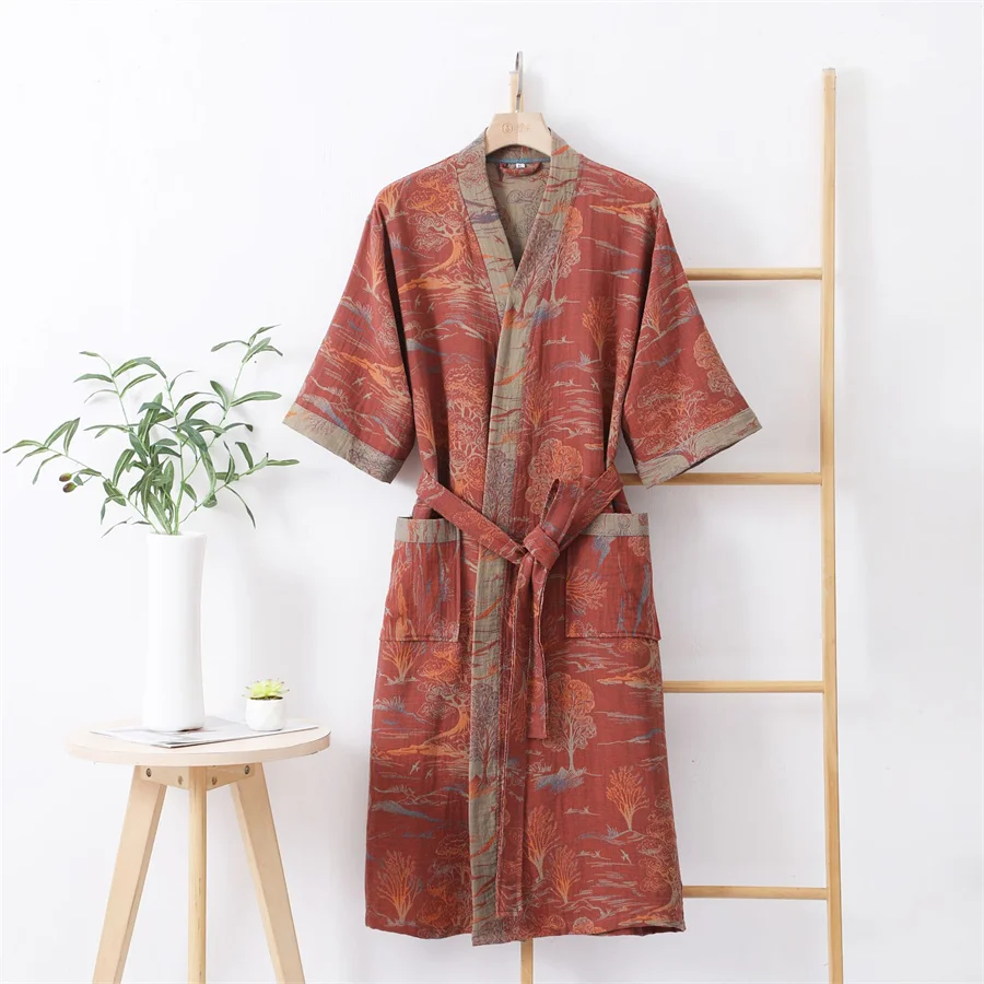 Summer Couple Dressing Gown Double Layer Gauze Bathrobe Men Shower Robe Loungewear Women V-neck Kimono Sleepwear Night Dress