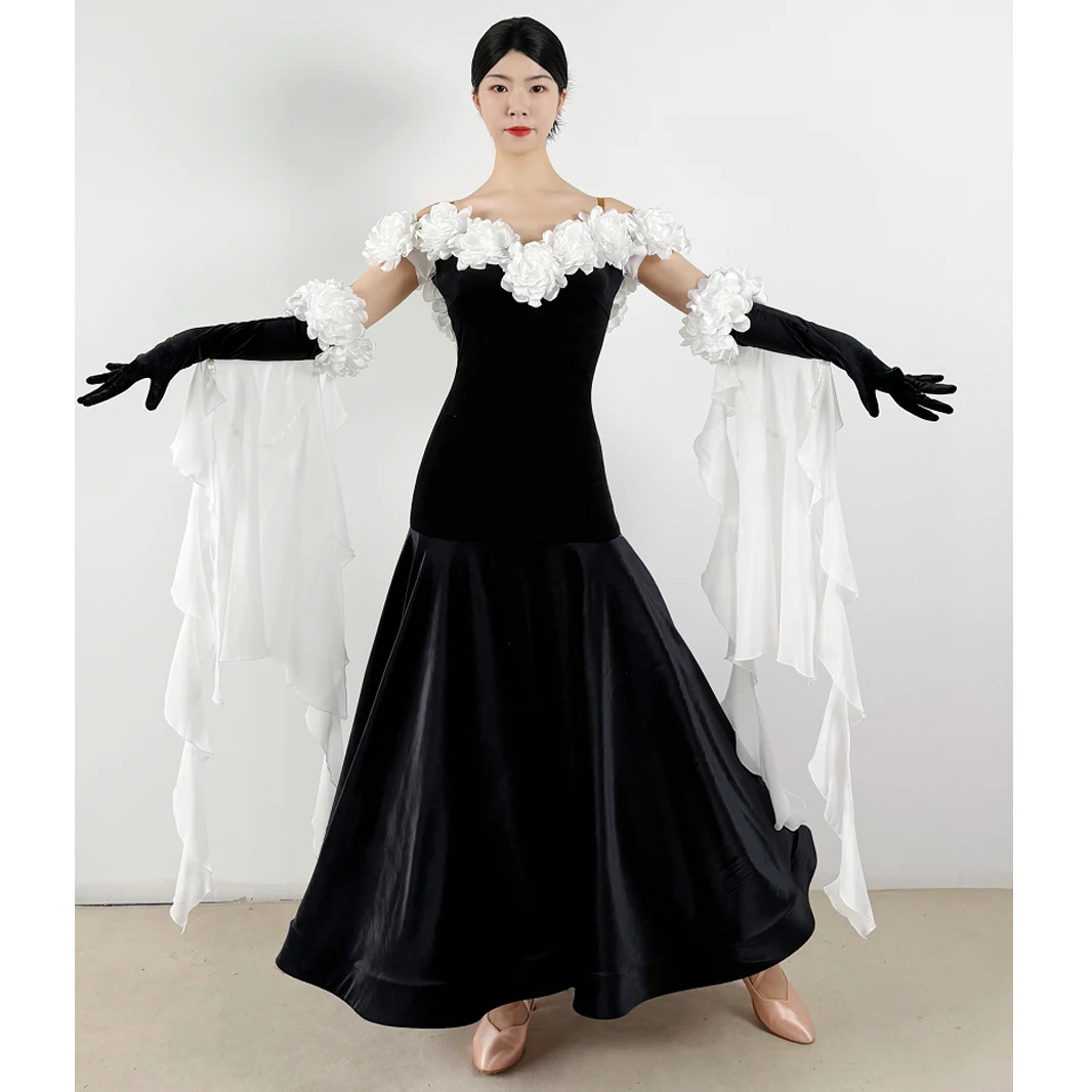

2026 Women Flower Off Shoulder Big Swing Dress Waltz Ballroom Dance Competition Dress Modern Clothes Performance Wear DN23611