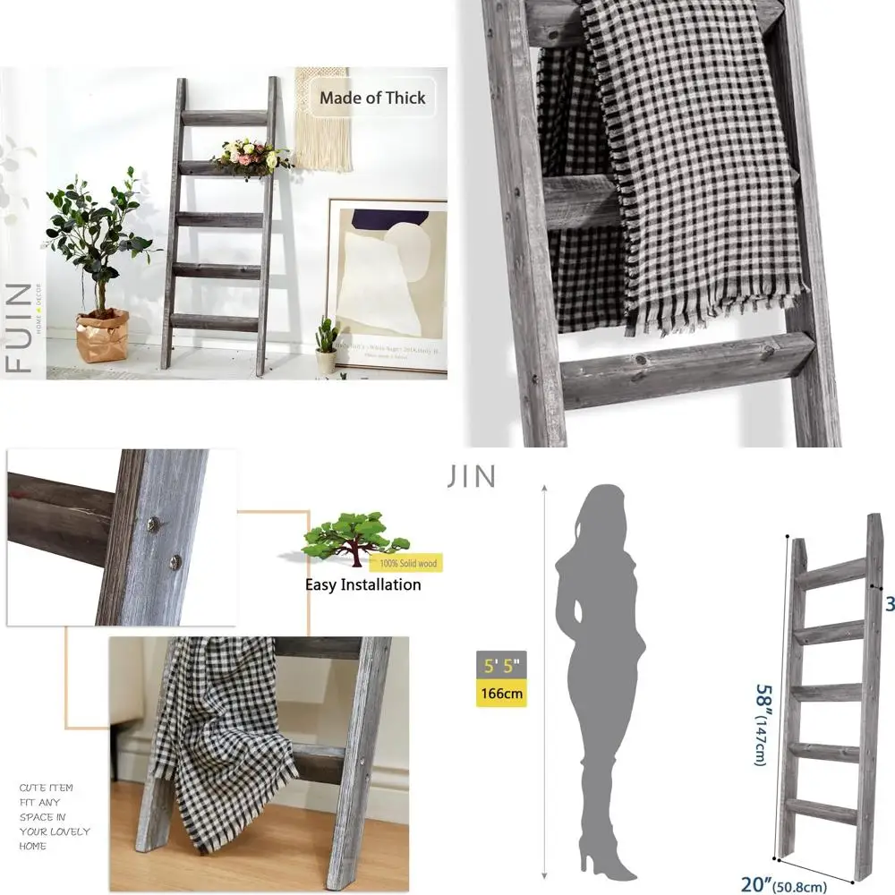 

Gray 5-Foot Wooden Ladder Wall Decor for Living Room, Farmhouse Style Quilt Display, Bathroom Towel Rack