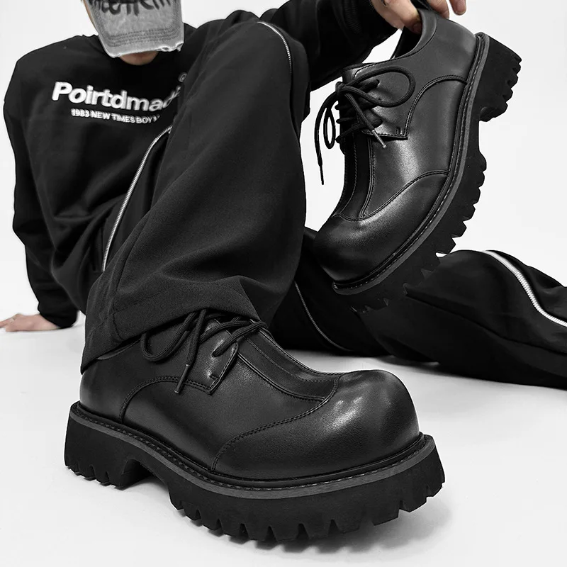 

2025 thick-soled men's high-end leather casual big-head heightened black small British round head Derby shoes