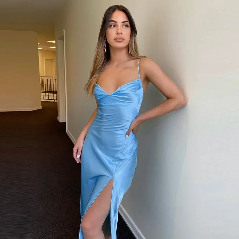 

Ladies Sexy Dress Solid Color Satin Y2k New Style V Neck Tie Fashion Elegant Dresses High Waist Party 90's Retro Streetwear