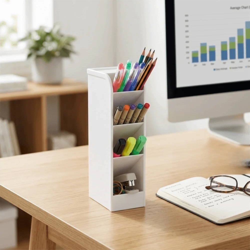 Plastic Material Pen Holder Frosted Surface Solid Color Pen Rack Multi Compartment Slant Insert Style Desk Organizer