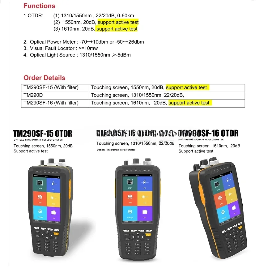 TM290 Smart OTDR 1310 1550nm 1610nm with VFL/OPM/OLS Touch Screen OTDR Optical Time Domain Reflectometer