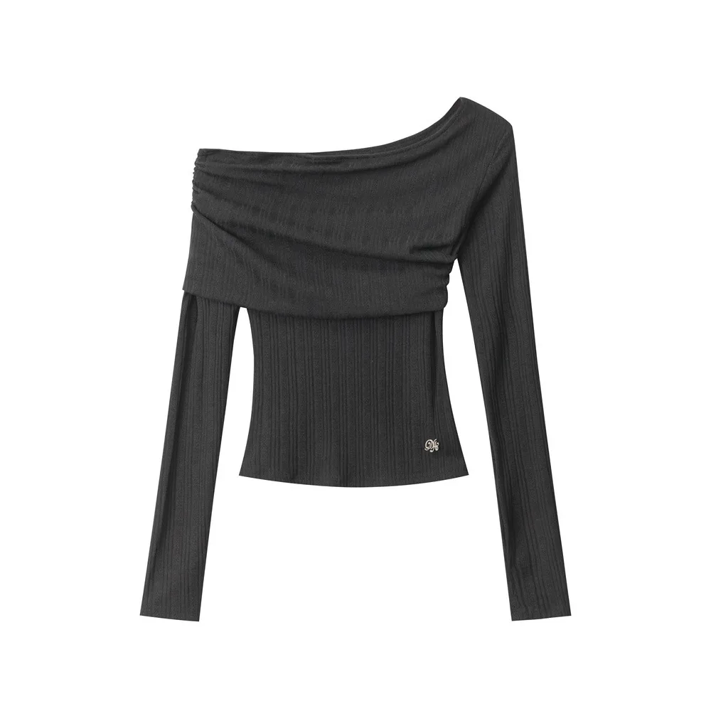 Damska koszulka z asymetrycznym kołnierzem, dopasowana, w stylu \"Spicy Girl\", jesienna, z długim rękawem, wysokiej jakości, z temperamentnym designem, bluzka z odkrytymi ramionami, do noszenia pod spód.