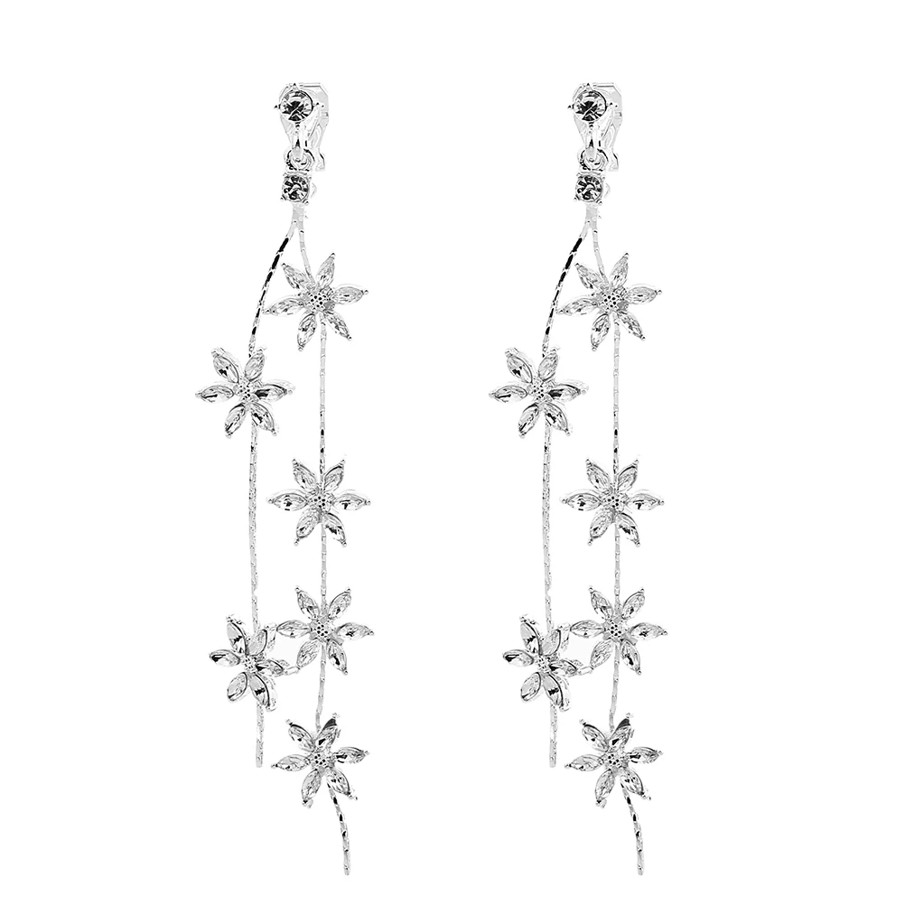 

Rhinestone Flower Earrings Dangle Clips No Piercing Wedding Jewelry Women Elegant Ear Accessories Bridal Fashion