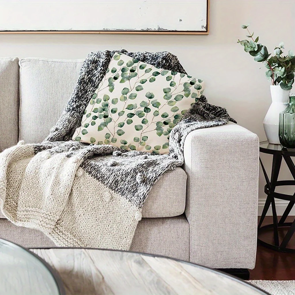 1PC Throw Pillow Cover,Eucalyptus Leaf Green Print,Minimalist Botanical Style,For Sofa Bedroom Couch Home Decor
