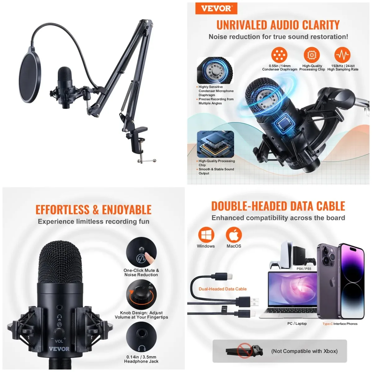 

USB Condenser Microphone 192kHz/24-bit with Boom Arm, Shock Mount, Mute Button, Headphones Jack - Podcast, Streaming, Gaming, Si