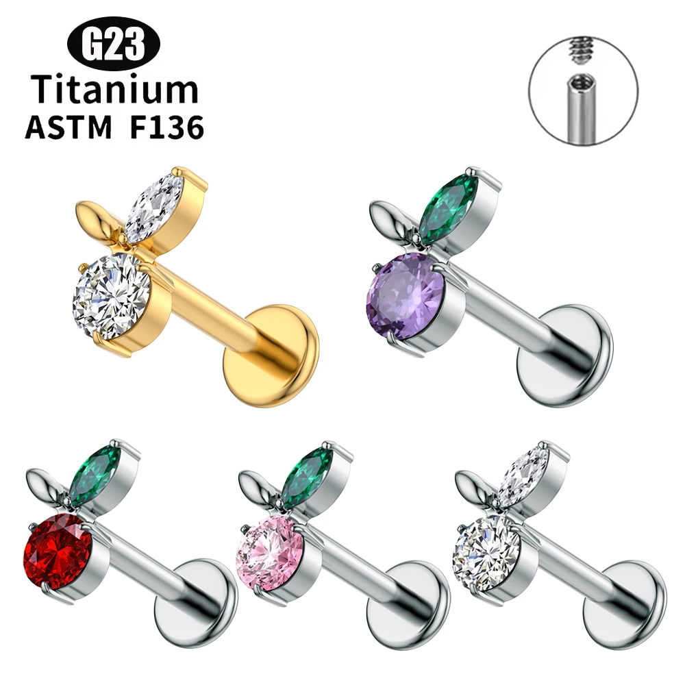 

G23 Titanium Alloy Exquisite Zircon Cherry 16G Internal Thread Piercing Piercing Nail Lip Nail Body Piercing Jewelry for Women