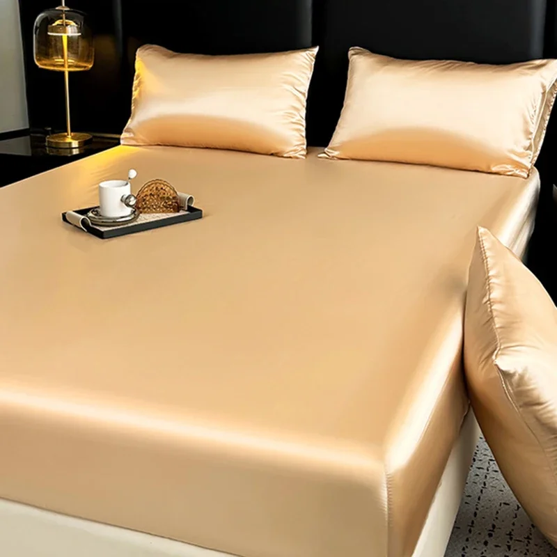 

Luxury Solid Satin Fitted Sheet with Deep Pockets Soft Silky Queen King Size Bedsheet Sets 2 Pillowcase Comfortable Bed Mattress