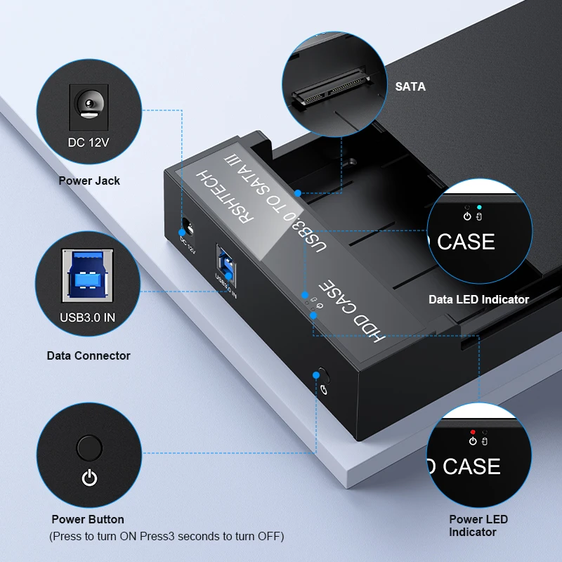 Imagem -03 - Rshtech Usb 3.0 Gabinete de Disco Rígido Externo Hdd Caddy Case de Disco Portátil Leitor Ssd para 2.5 3.5 Sata i ii Iii Dispositivo de Armazenamento