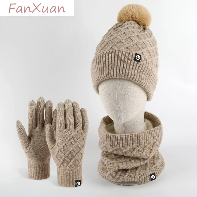 Winter Hat Snood Glove Set for Women Fur Pompom Cute Beanies Thick Double Layer Fleeced Winter Hat Sets Female